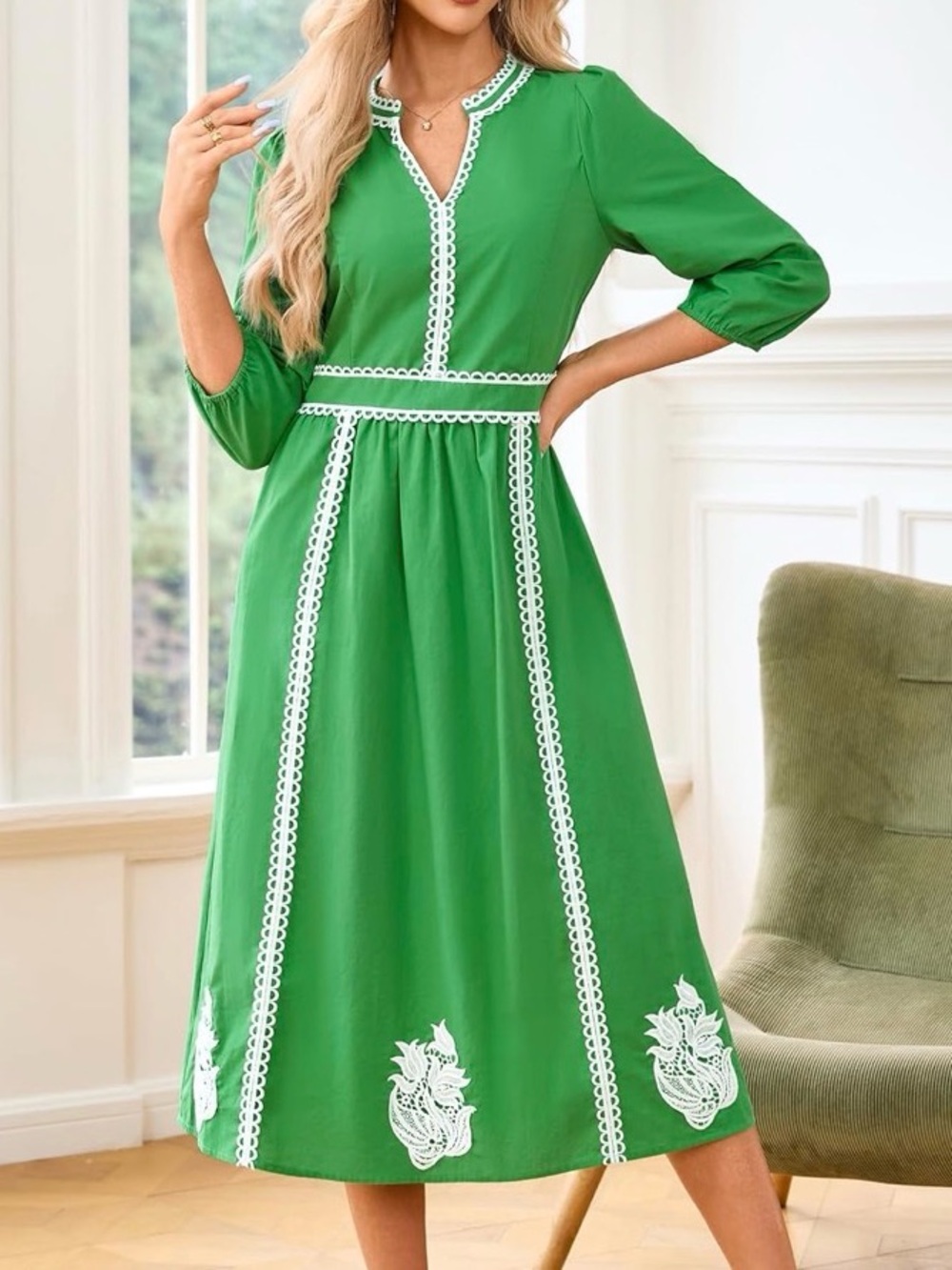 Cotton Midi 3/4 Sleeve Dress Unbranded